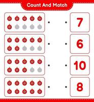 Count and match, count the number of Christmas Ball and match with the right numbers. Educational children game, printable worksheet, vector illustration