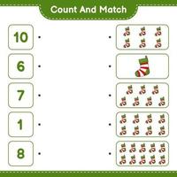 Count and match, count the number of Christmas Sock and match with the right numbers. Educational children game, printable worksheet, vector illustration