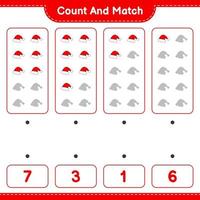 Count and match, count the number of Santa Hat and match with the right numbers. Educational children game, printable worksheet, vector illustration