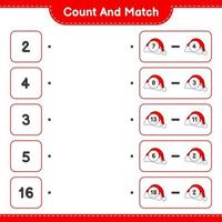 Count and match, count the number of Santa Hat and match with the right numbers. Educational children game, printable worksheet, vector illustration