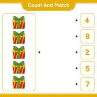 Count and match, count the number of Gift Box and match with the right numbers. Educational children game, printable worksheet, vector illustration