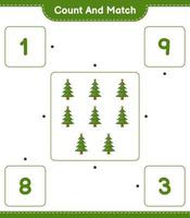 cuenta y empareja, cuenta el número de árboles de navidad y empareja con los números correctos. juego educativo para niños, hoja de cálculo imprimible, ilustración vectorial vector