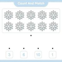 Count and match, count the number of Snowflake and match with the right numbers. Educational children game, printable worksheet, vector illustration