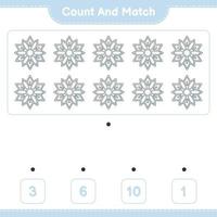 Count and match, count the number of Snowflake and match with the right numbers. Educational children game, printable worksheet, vector illustration