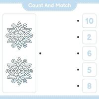 Count and match, count the number of Snowflake and match with the right numbers. Educational children game, printable worksheet, vector illustration