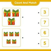 Count and match, count the number of Gift Box and match with the right numbers. Educational children game, printable worksheet, vector illustration