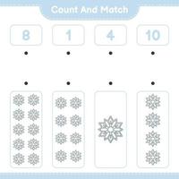 cuenta y empareja, cuenta el número de copos de nieve y empareja con los números correctos. juego educativo para niños, hoja de cálculo imprimible, ilustración vectorial vector