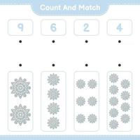 Count and match, count the number of Snowflake and match with the right numbers. Educational children game, printable worksheet, vector illustration