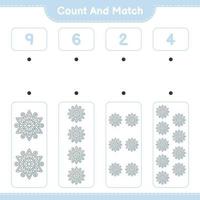 Count and match, count the number of Snowflake and match with the right numbers. Educational children game, printable worksheet, vector illustration