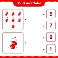 Count and match, count the number of Christmas Sock and match with the right numbers. Educational children game, printable worksheet, vector illustration