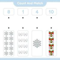 Count and match, count the number of Ribbon, Snowflake, Gift Box and match with the right numbers. Educational children game, printable worksheet, vector illustration