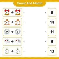 Count and match, count the number of Snowflake, Hat, Tree, Bell, Gingerbread Man and match with the right numbers. Educational children game, printable worksheet, vector illustration