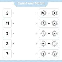 Count and match, count the number of Snowflake and match with the right numbers. Educational children game, printable worksheet, vector illustration