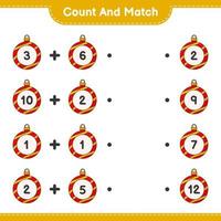 Count and match, count the number of Christmas Ball and match with the right numbers. Educational children game, printable worksheet, vector illustration