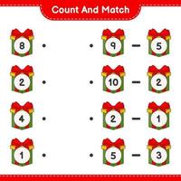 Count and match, count the number of Gift Box and match with the right numbers. Educational children game, printable worksheet, vector illustration