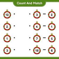 Count and match, count the number of Christmas Ball and match with the right numbers. Educational children game, printable worksheet, vector illustration