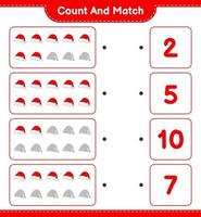 Count and match, count the number of Santa Hat and match with the right numbers. Educational children game, printable worksheet, vector illustration