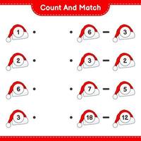 Count and match, count the number of Santa Hat and match with the right numbers. Educational children game, printable worksheet, vector illustration