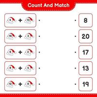 Count and match, count the number of Santa Hat and match with the right numbers. Educational children game, printable worksheet, vector illustration