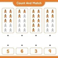 Count and match, count the number of Gingerbread Man and match with the right numbers. Educational children game, printable worksheet, vector illustration