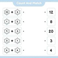 cuenta y empareja, cuenta el número de copos de nieve y empareja con los números correctos. juego educativo para niños, hoja de cálculo imprimible, ilustración vectorial vector