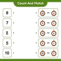 Count and match, count the number of Christmas Ball and match with the right numbers. Educational children game, printable worksheet, vector illustration