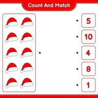 Count and match, count the number of Santa Hat and match with the right numbers. Educational children game, printable worksheet, vector illustration