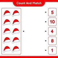 Count and match, count the number of Santa Hat and match with the right numbers. Educational children game, printable worksheet, vector illustration