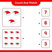 Count and match, count the number of Santa Hat and match with the right numbers. Educational children game, printable worksheet, vector illustration