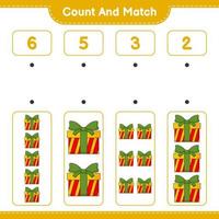 Count and match, count the number of Gift Box and match with the right numbers. Educational children game, printable worksheet, vector illustration