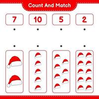 Count and match, count the number of Santa Hat and match with the right numbers. Educational children game, printable worksheet, vector illustration