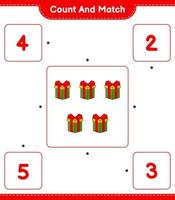Count and match, count the number of Gift Box and match with the right numbers. Educational children game, printable worksheet, vector illustration