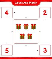 Count and match, count the number of Gift Box and match with the right numbers. Educational children game, printable worksheet, vector illustration