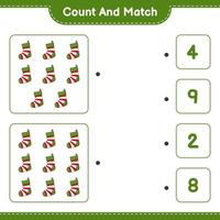 Count and match, count the number of Christmas Sock and match with the right numbers. Educational children game, printable worksheet, vector illustration