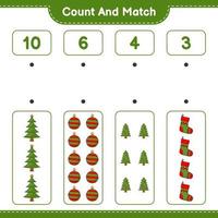 Count and match, count the number of Christmas Tree, Christmas Ball, Christmas Sock and match with the right numbers. Educational children game, printable worksheet, vector illustration