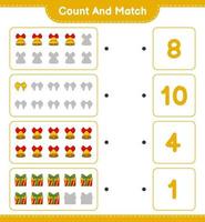 Count and match, count the number of Christmas Bell, Ribbon, Gift Box and match with the right numbers. Educational children game, printable worksheet, vector illustration