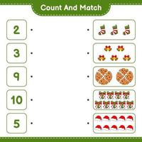 Count and match, count the number of Hat, Bell, Sock, and match with the right numbers. Educational children game, printable worksheet, vector illustration