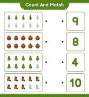 Count and match, count the number of Christmas Tree, Christmas Ball, Christmas Sock and match with the right numbers. Educational children game, printable worksheet, vector illustration