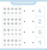 Count and match, count the number of Snowflake and match with the right numbers. Educational children game, printable worksheet, vector illustration