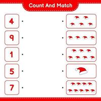 Count and match, count the number of Santa Hat and match with the right numbers. Educational children game, printable worksheet, vector illustration