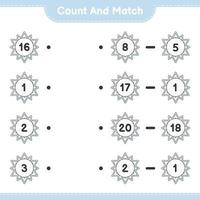 Count and match, count the number of Snowflake and match with the right numbers. Educational children game, printable worksheet, vector illustration