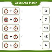 Count and match, count the number of Christmas Ball and match with the right numbers. Educational children game, printable worksheet, vector illustration