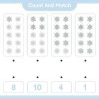 Count and match, count the number of Snowflake and match with the right numbers. Educational children game, printable worksheet, vector illustration