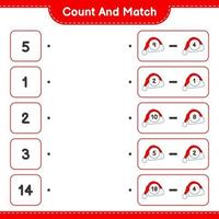 Count and match, count the number of Santa Hat and match with the right numbers. Educational children game, printable worksheet, vector illustration