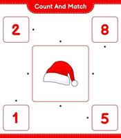 Count and match, count the number of Santa Hat and match with the right numbers. Educational children game, printable worksheet, vector illustration