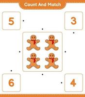 Count and match, count the number of Gingerbread Man and match with the right numbers. Educational children game, printable worksheet, vector illustration