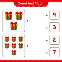 Count and match, count the number of Gift Box and match with the right numbers. Educational children game, printable worksheet, vector illustration