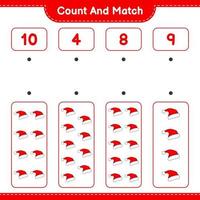 Count and match, count the number of Santa Hat and match with the right numbers. Educational children game, printable worksheet, vector illustration