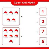 Count and match, count the number of Santa Hat and match with the right numbers. Educational children game, printable worksheet, vector illustration