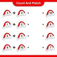 Count and match, count the number of Santa Hat and match with the right numbers. Educational children game, printable worksheet, vector illustration